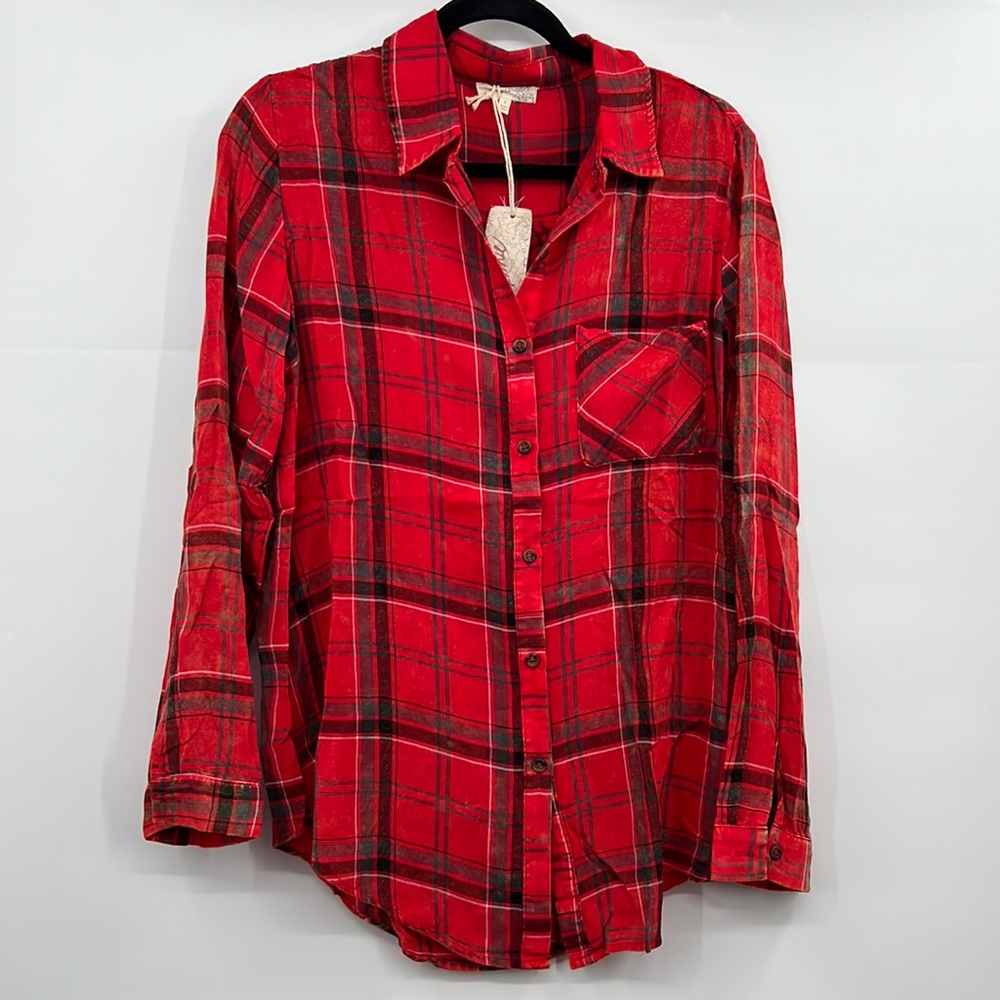 🆕Mystree Plaid Fall Button Down Top Red Distressed Vintage Coloring S,M & L - Picture 9 of 9